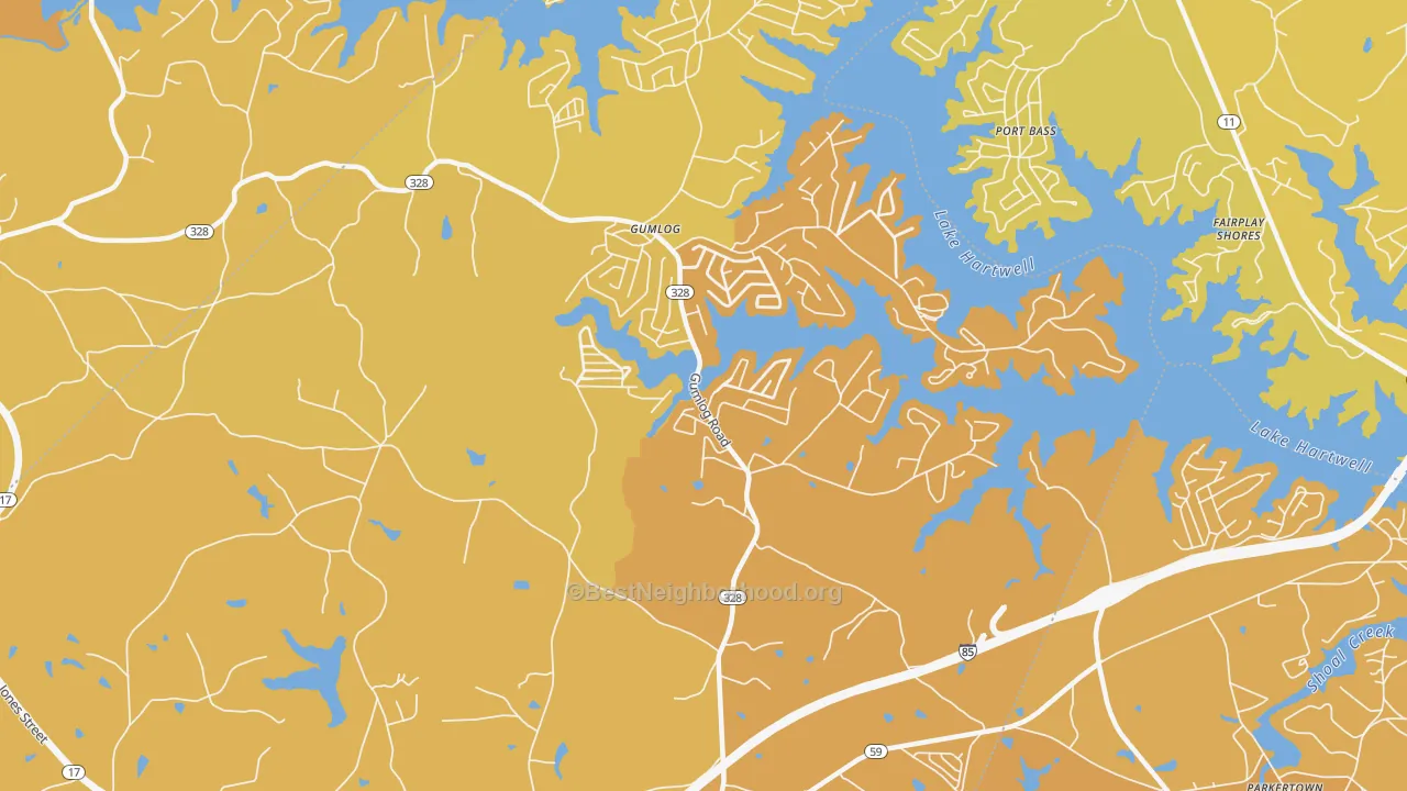 Map of the best neighborhoods in the Whitworth area, with better matches in green and worse matches in red
