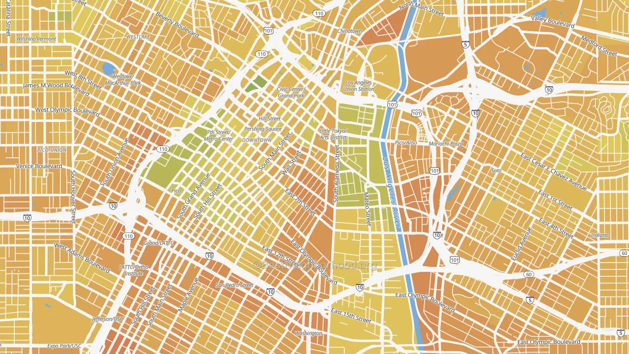 Map of the best neighborhoods in the Wholesale District-Skid Row, Los Angeles area, with better matches in green and worse matches in red