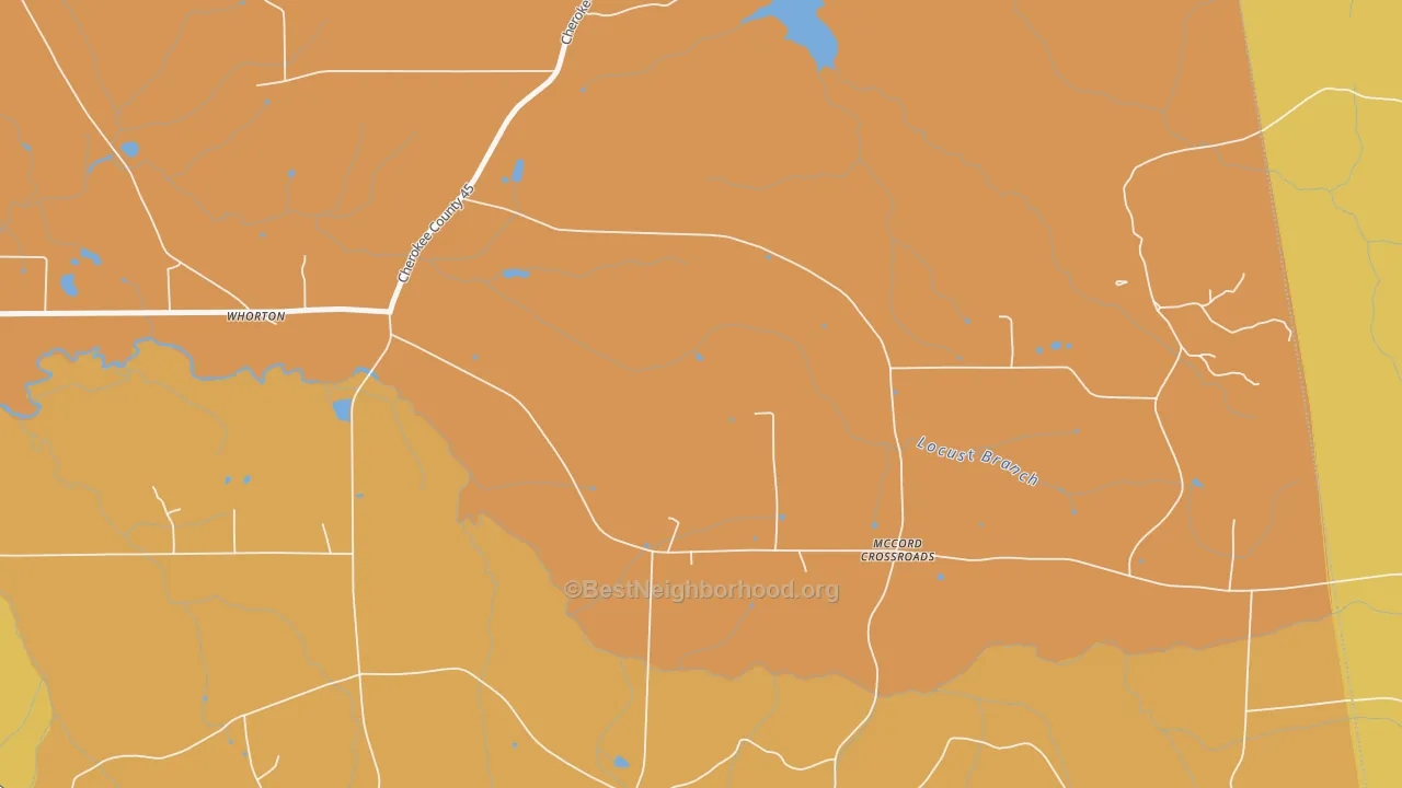 Map of the best neighborhoods in the Whorton area, with better matches in green and worse matches in red