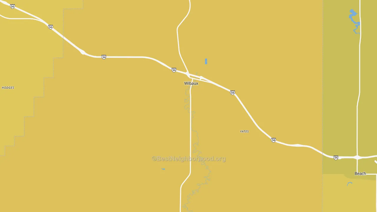 Map of the best neighborhoods in the Wibaux County area, with better matches in green and worse matches in red