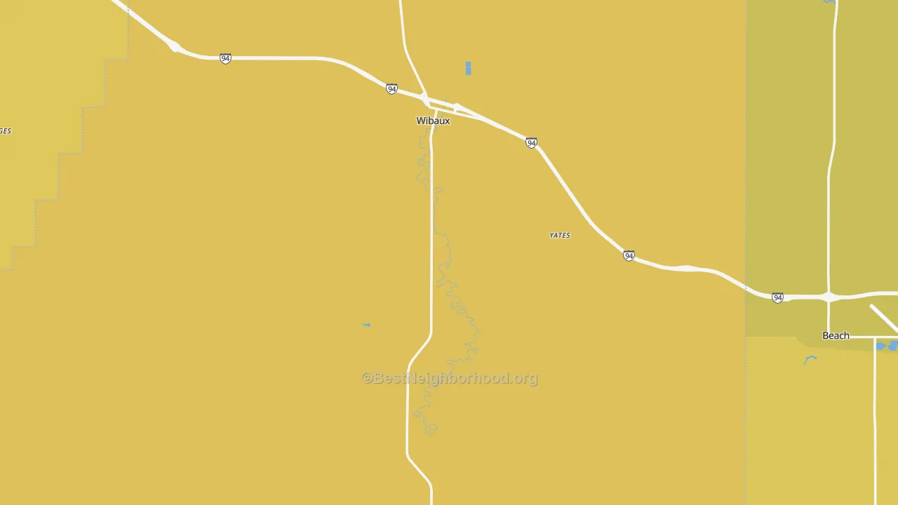 Map of the best neighborhoods in the Wibaux area, with better matches in green and worse matches in red