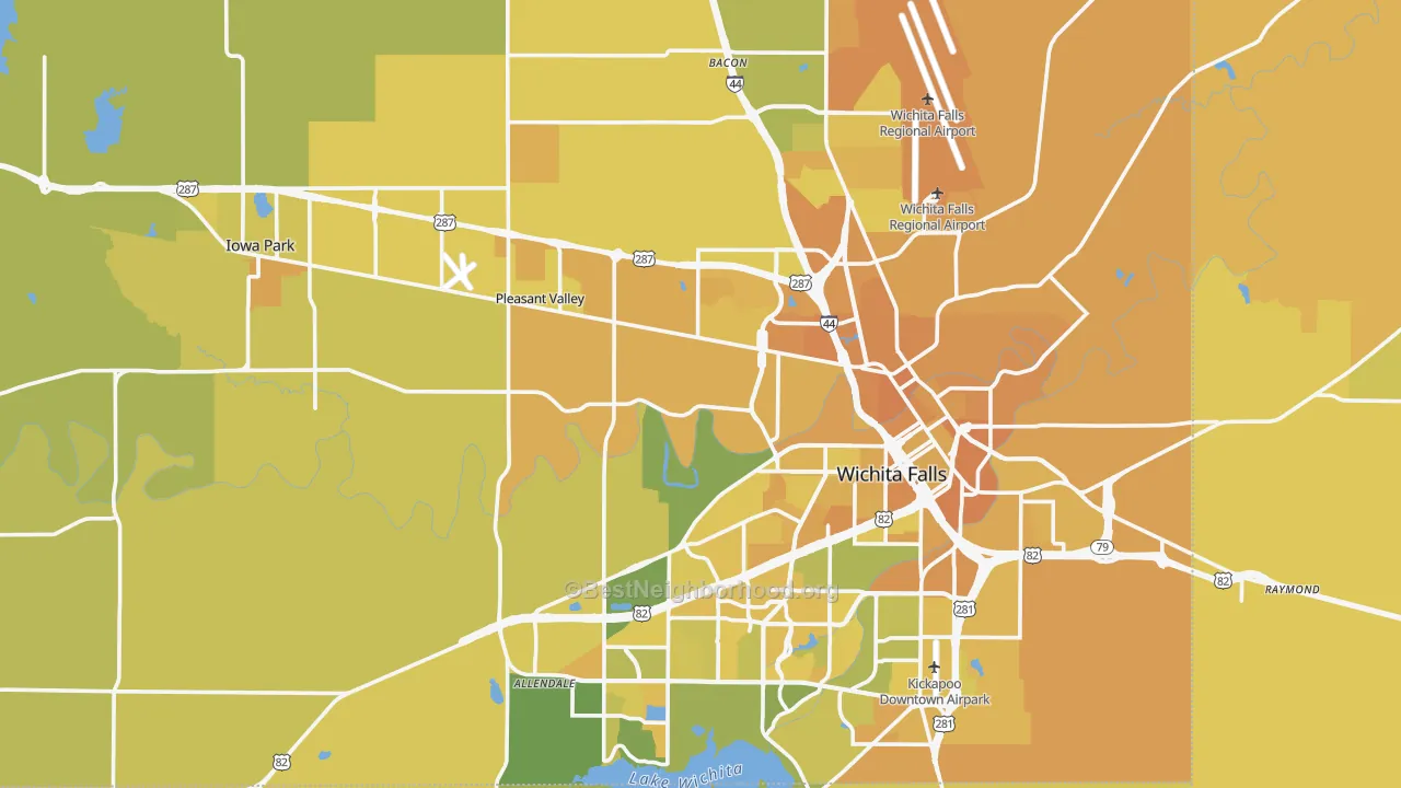 Map of the best neighborhoods in the Wichita County area, with better matches in green and worse matches in red