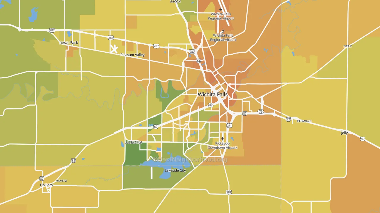 Map of the best neighborhoods in the Wichita Falls Metro area, with better matches in green and worse matches in red