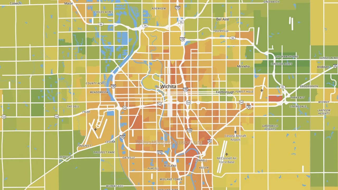 Map of the best neighborhoods in the Wichita Metro area, with better matches in green and worse matches in red