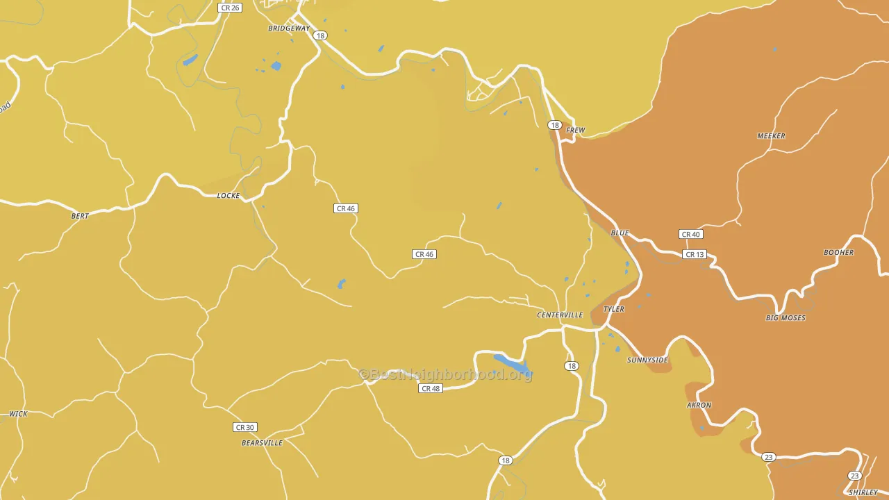 Map of the best neighborhoods in the Wick area, with better matches in green and worse matches in red