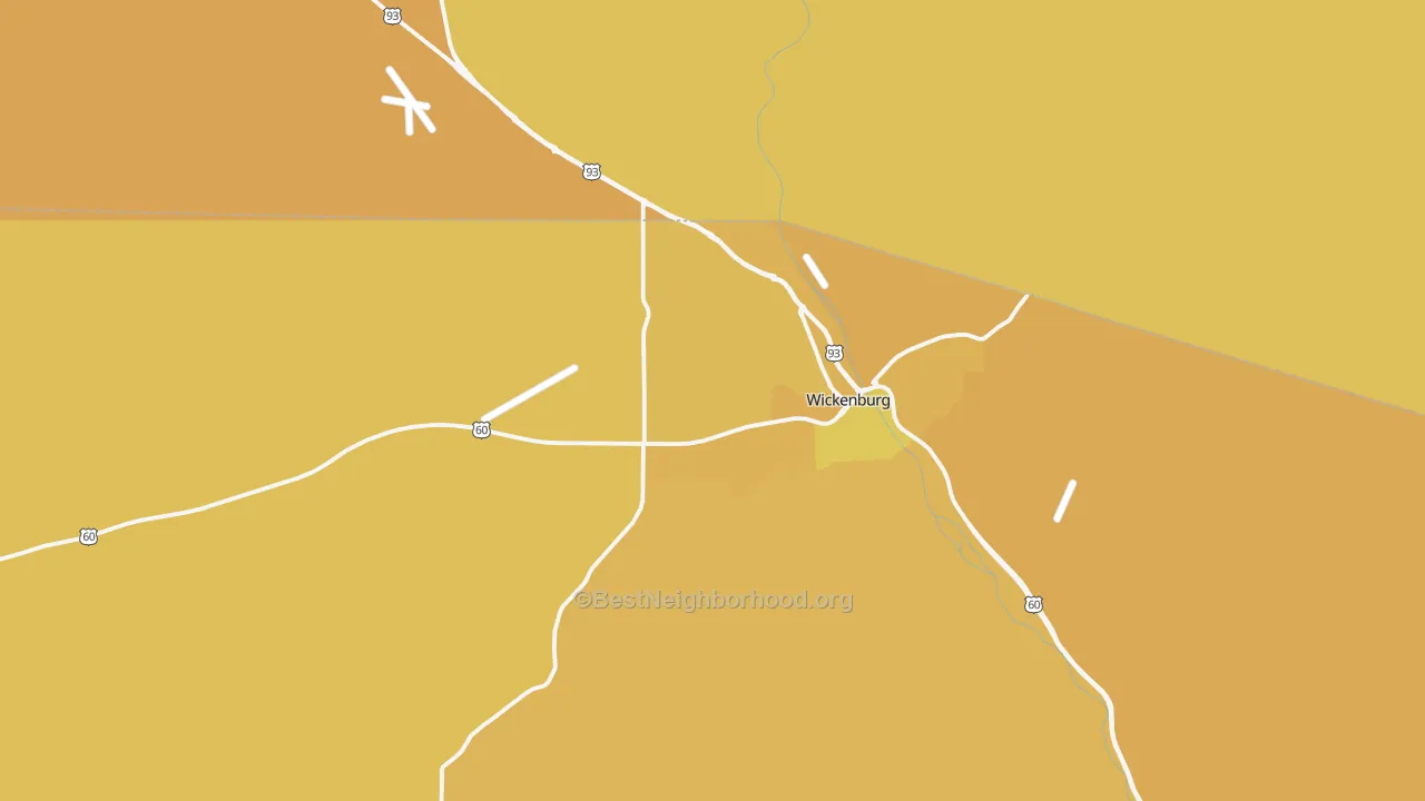 Map of the best neighborhoods in the Wickenburg area, with better matches in green and worse matches in red