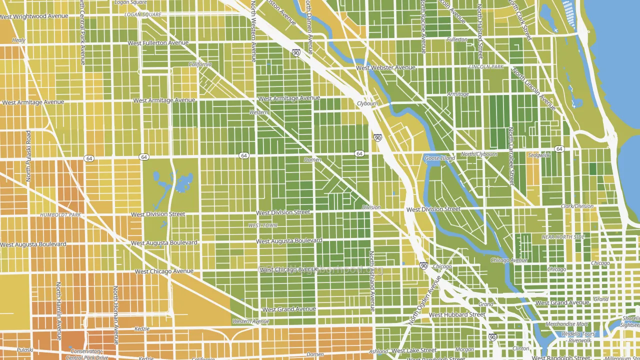 Map of the best neighborhoods in the Wicker Park, Chicago area, with better matches in green and worse matches in red