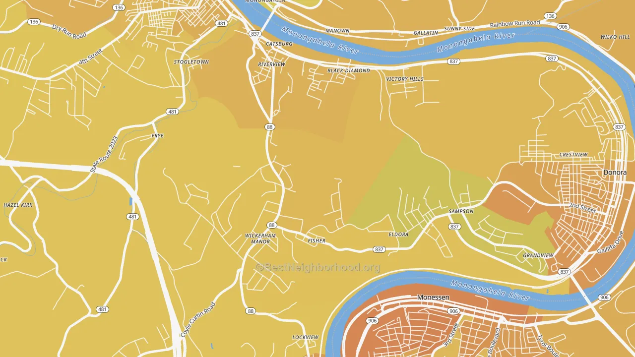 Map of the best neighborhoods in the Wickerham Manor-Fisher area, with better matches in green and worse matches in red