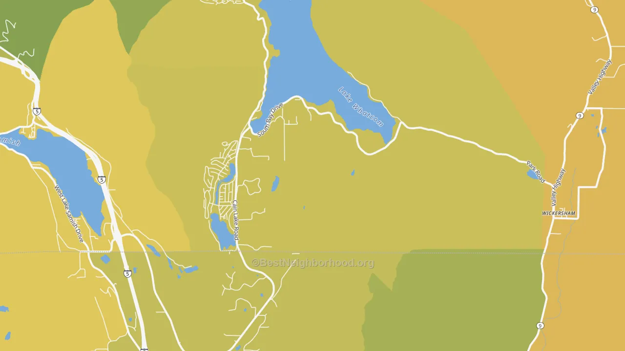 Map of the best neighborhoods in the Wickersham area, with better matches in green and worse matches in red