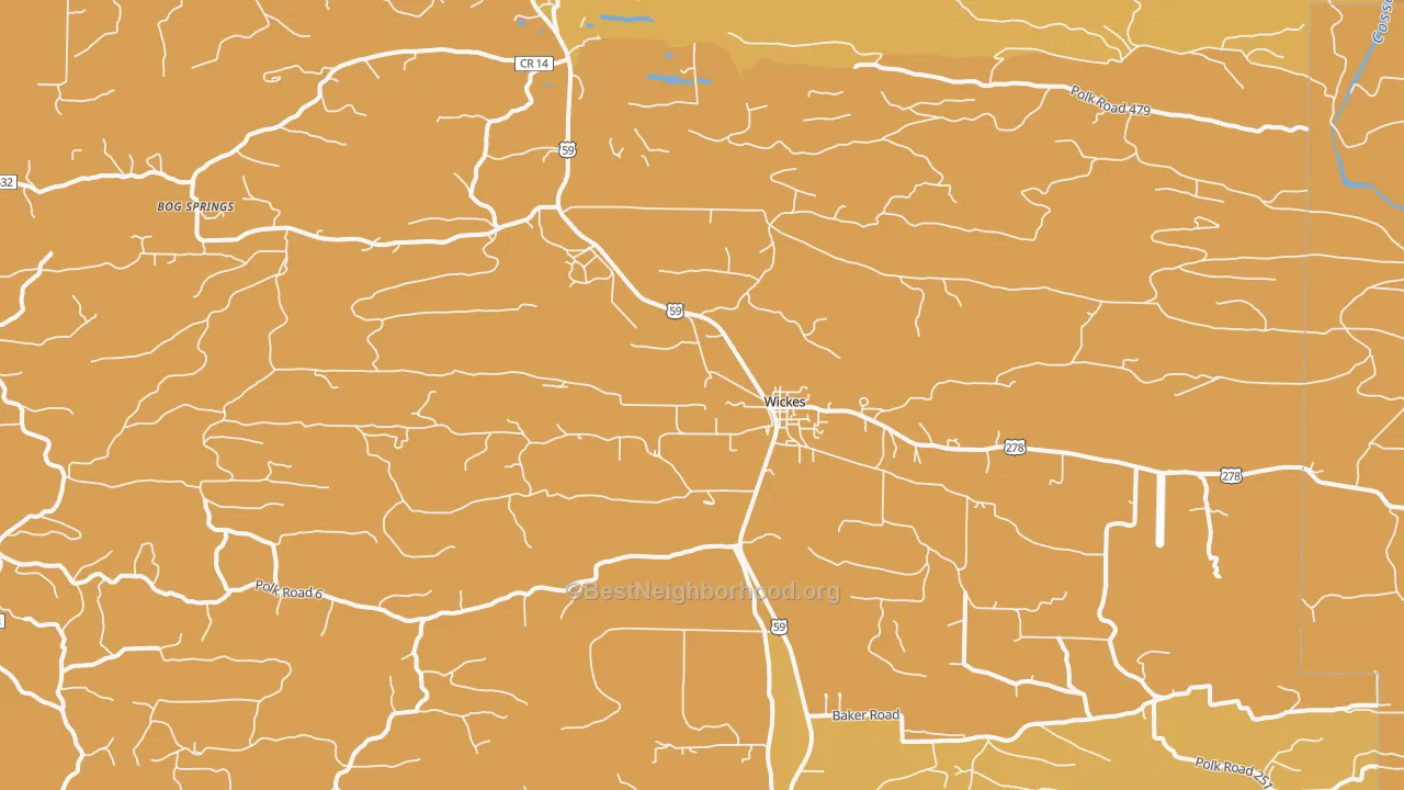 Map of the best neighborhoods in the Wickes area, with better matches in green and worse matches in red