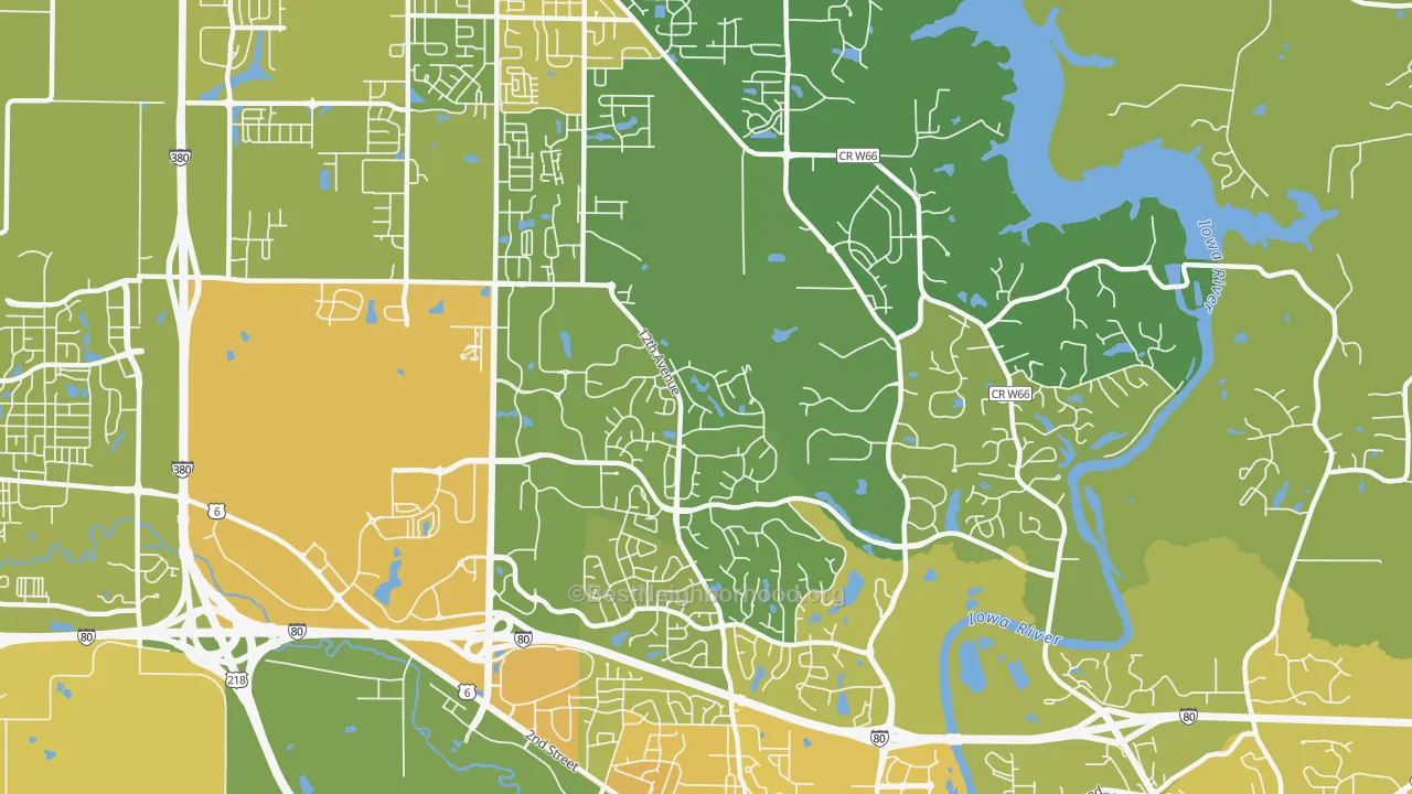Map of the best neighborhoods in the Wickham, Coralville area, with better matches in green and worse matches in red