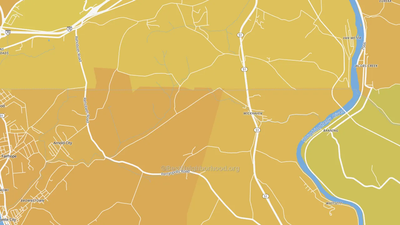 Map of the best neighborhoods in the Wickhaven area, with better matches in green and worse matches in red