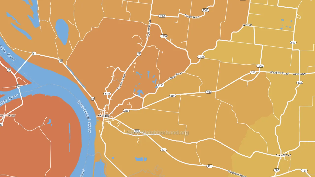 Map of the best neighborhoods in the Wickliffe area, with better matches in green and worse matches in red