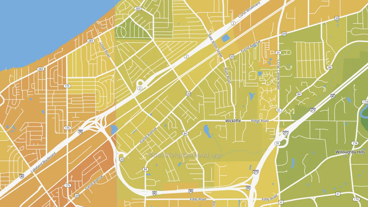 Map of the best neighborhoods in the Wickliffe area, with better matches in green and worse matches in red