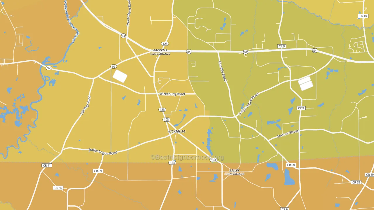 Map of the best neighborhoods in the Wicksburg area, with better matches in green and worse matches in red