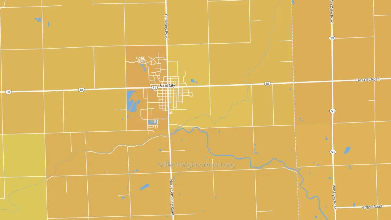Map of the best neighborhoods in the Wickware area, with better matches in green and worse matches in red