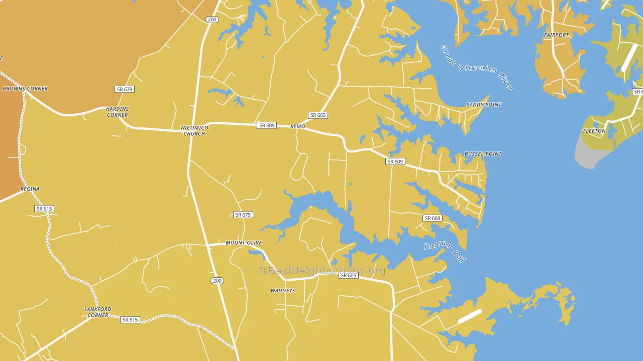 Map of the best neighborhoods in the Wicomico Church area, with better matches in green and worse matches in red