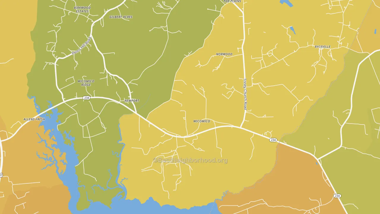 Map of the best neighborhoods in the Wicomico area, with better matches in green and worse matches in red