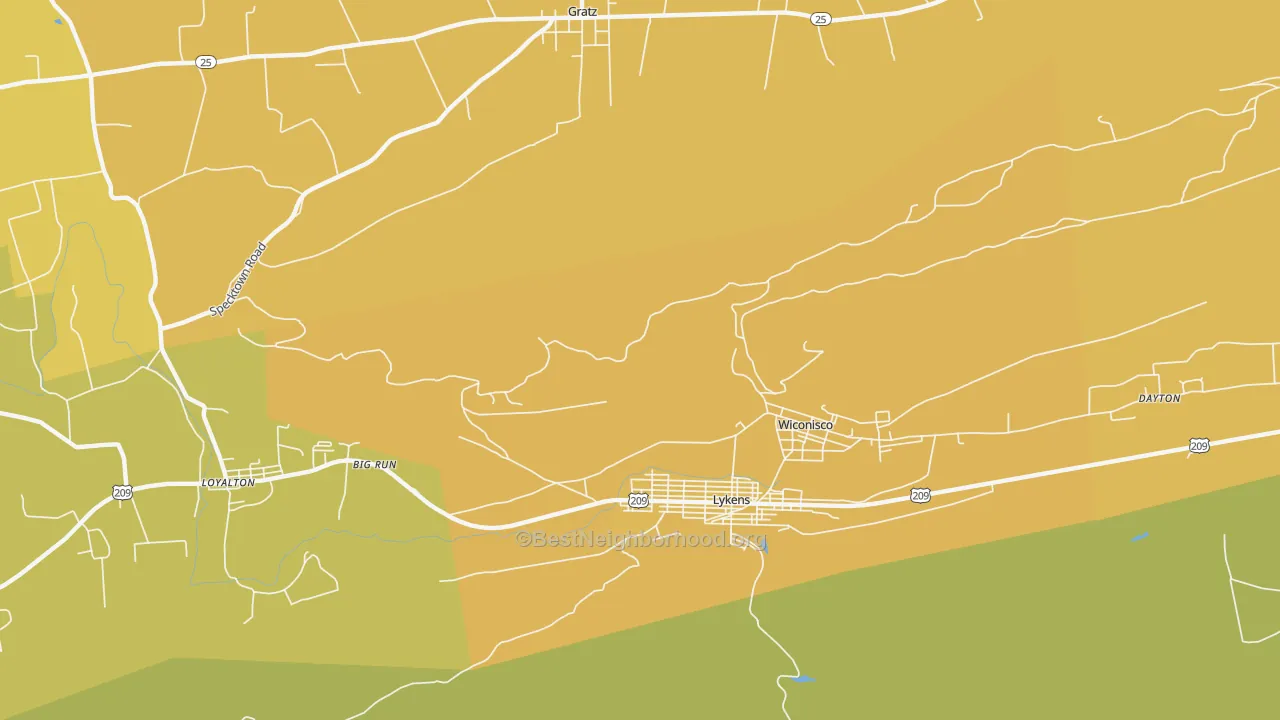 Map of the best neighborhoods in the Wiconisco area, with better matches in green and worse matches in red