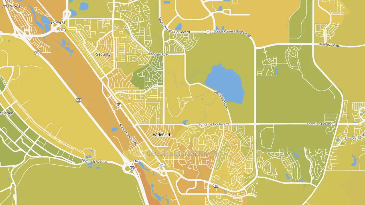 Map of the best neighborhoods in the Widefield, Security-Widefield area, with better matches in green and worse matches in red