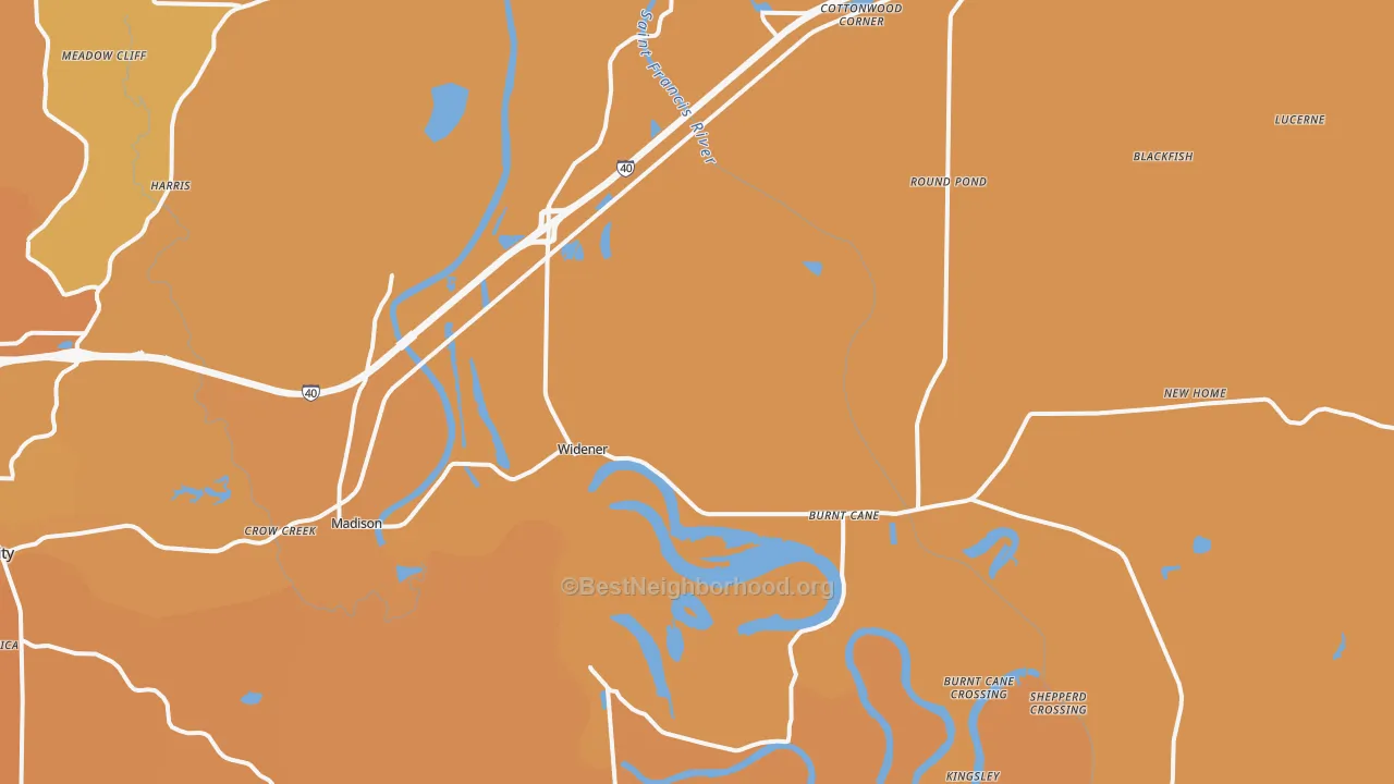 Map of the best neighborhoods in the Widener area, with better matches in green and worse matches in red