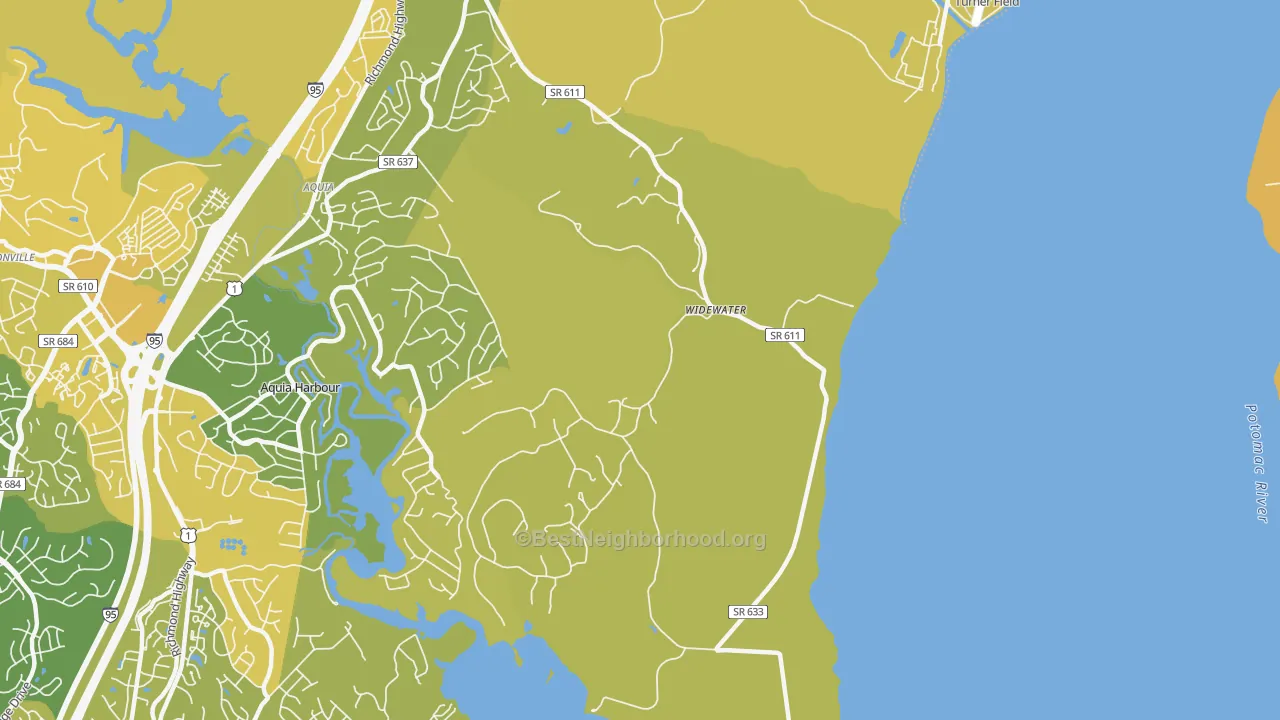 Map of the best neighborhoods in the Widewater area, with better matches in green and worse matches in red