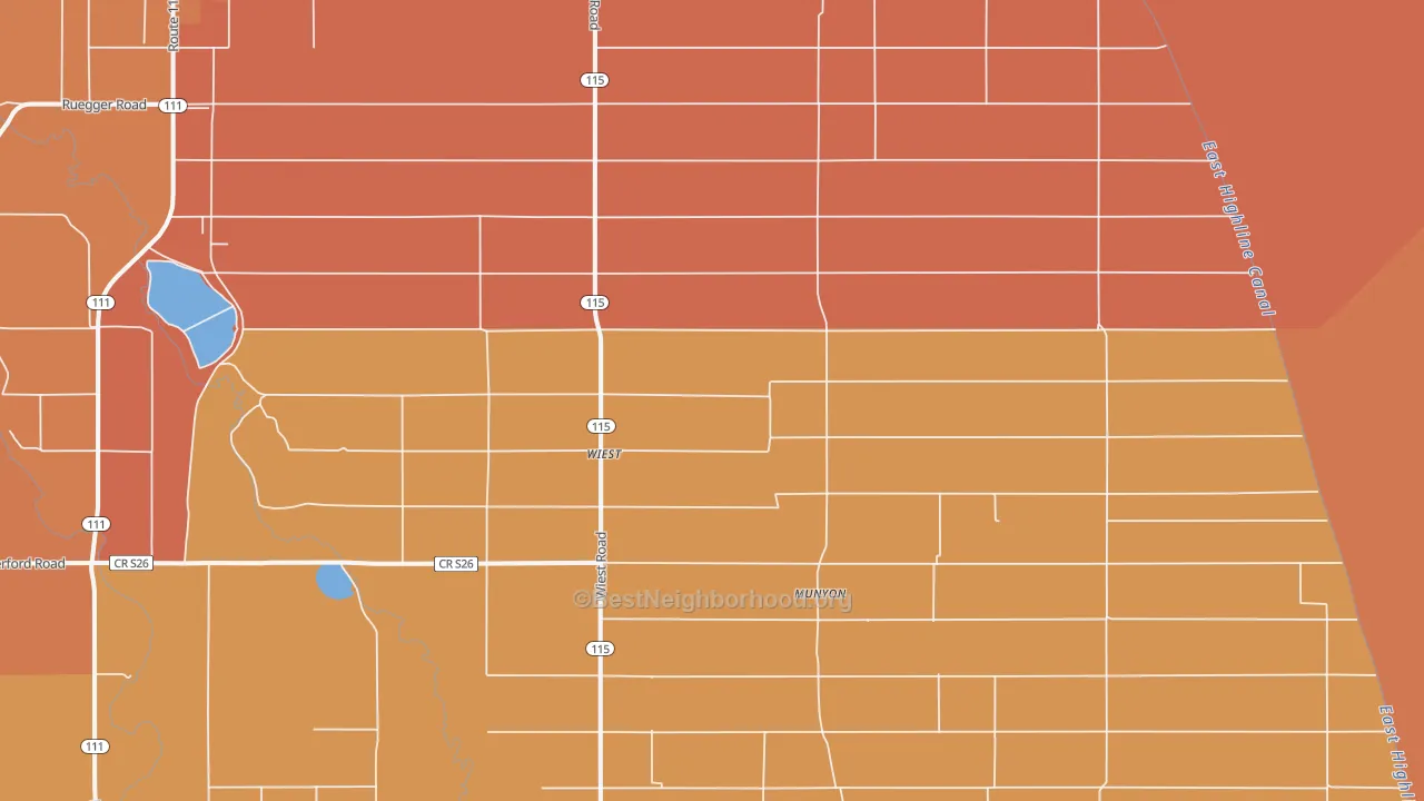 Map of the best neighborhoods in the Wiest area, with better matches in green and worse matches in red