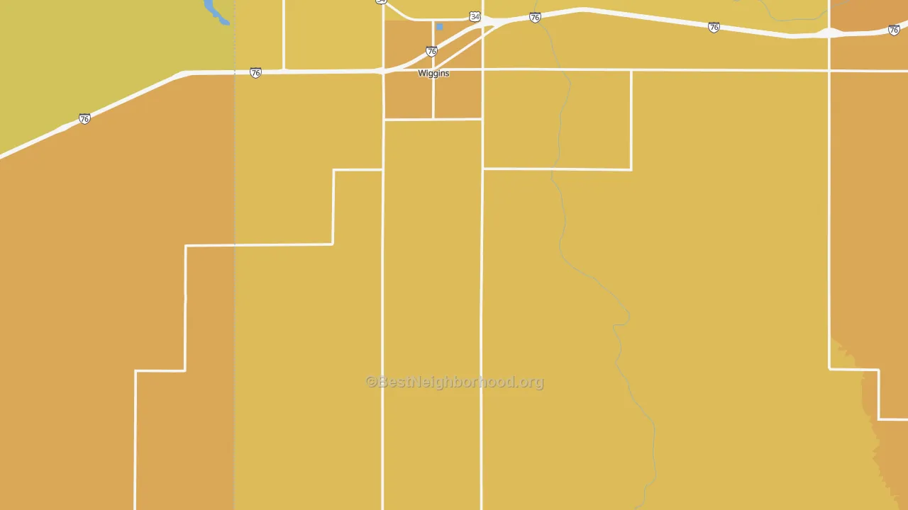 Map of the best neighborhoods in the Wiggins area, with better matches in green and worse matches in red