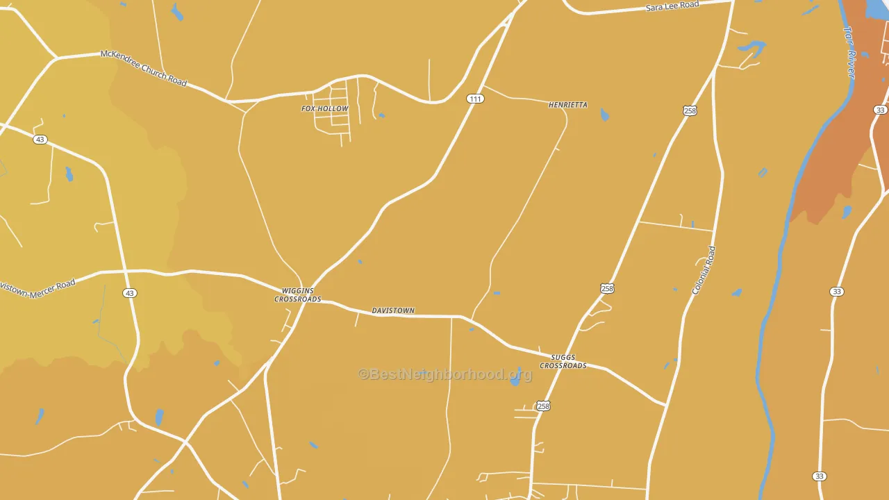 Map of the best neighborhoods in the Wiggins Crossroads area, with better matches in green and worse matches in red