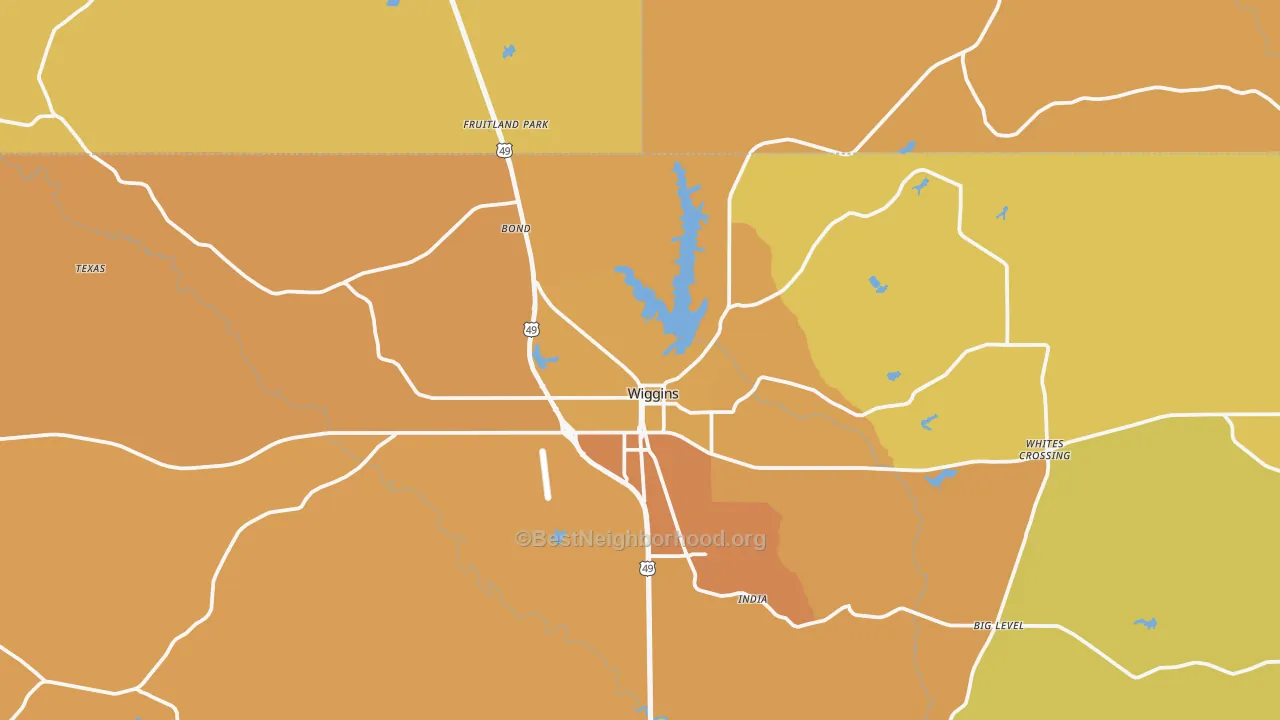 Map of the best neighborhoods in the Wiggins area, with better matches in green and worse matches in red