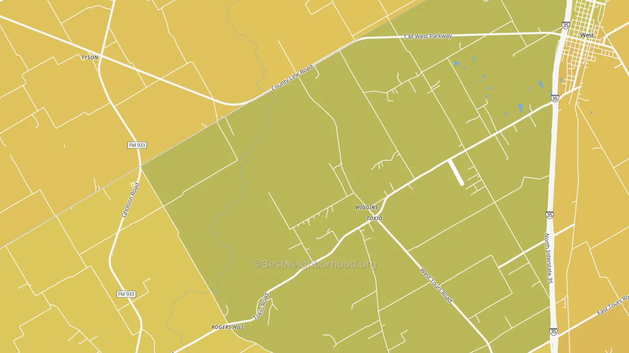 Map of the best neighborhoods in the Wiggins area, with better matches in green and worse matches in red