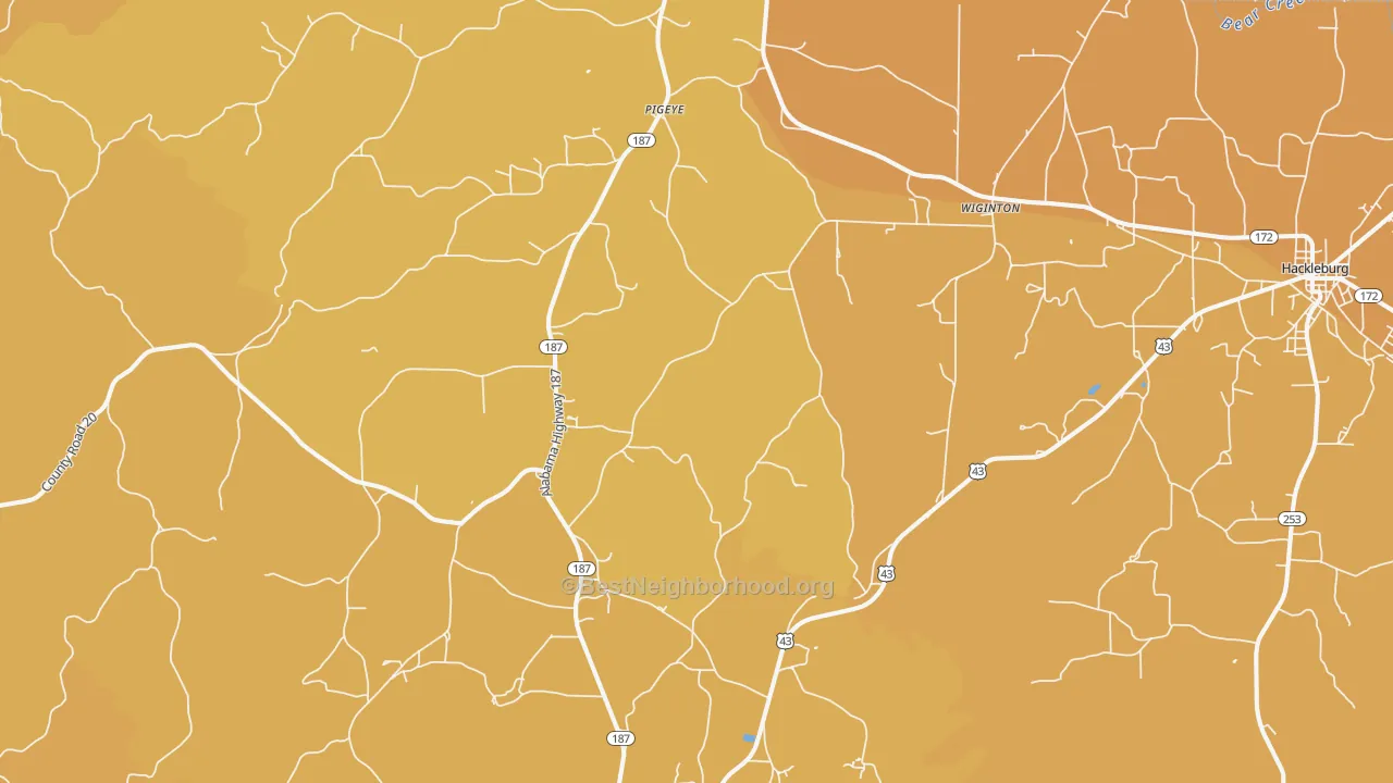 Map of the best neighborhoods in the Wiginton area, with better matches in green and worse matches in red