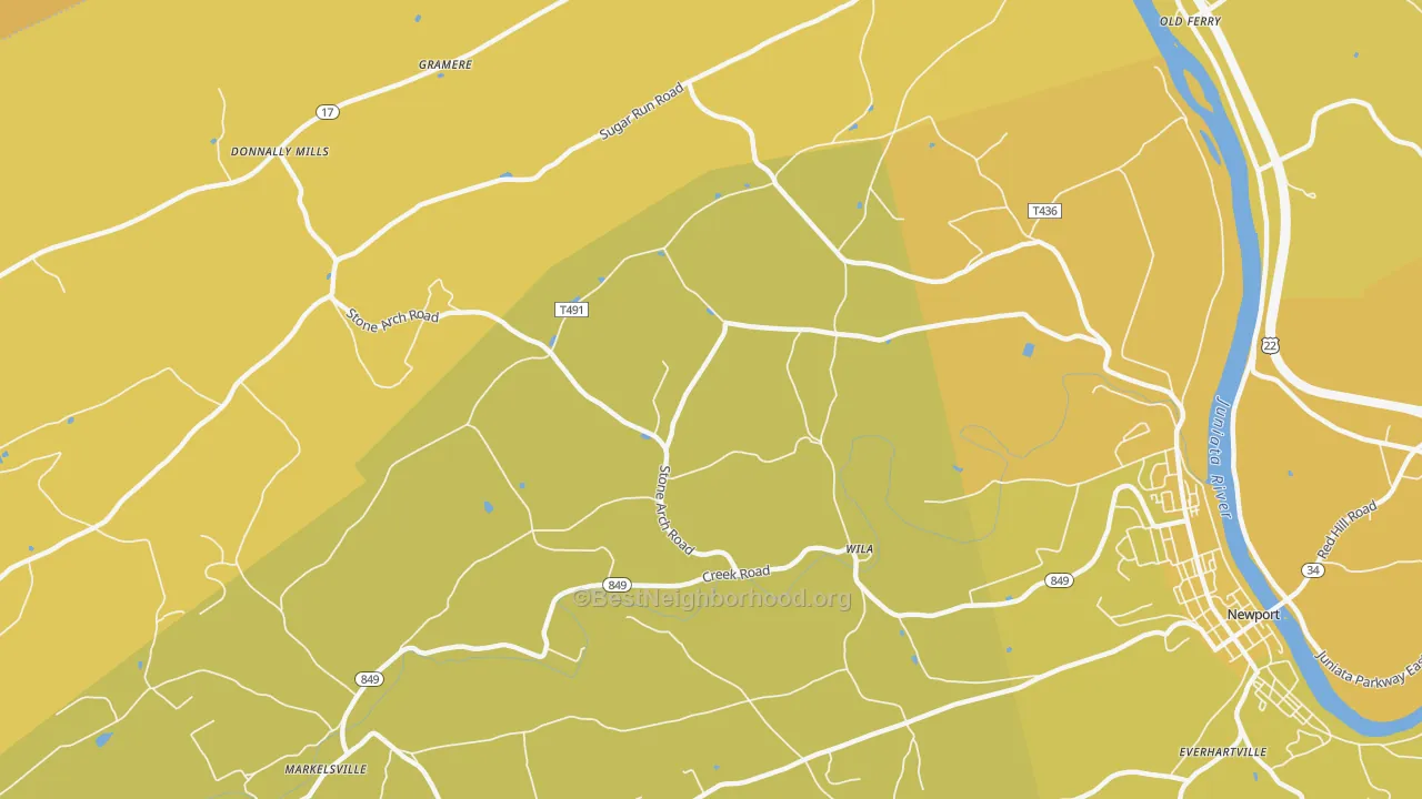 Map of the best neighborhoods in the Wila area, with better matches in green and worse matches in red