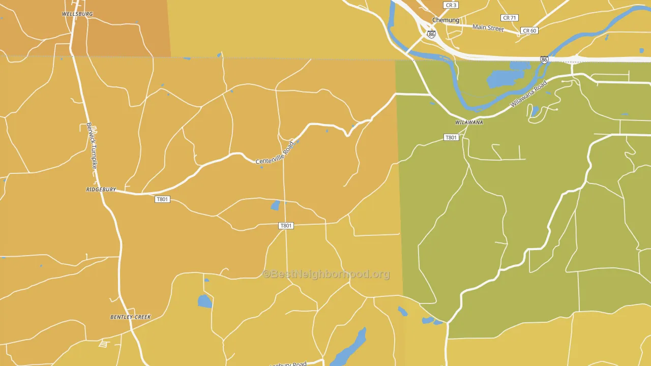 Map of the best neighborhoods in the Wilawana area, with better matches in green and worse matches in red