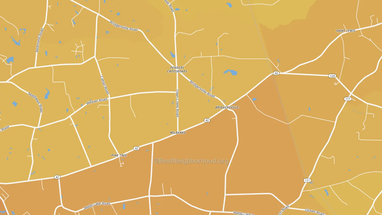 Map of the best neighborhoods in the Wilbanks area, with better matches in green and worse matches in red