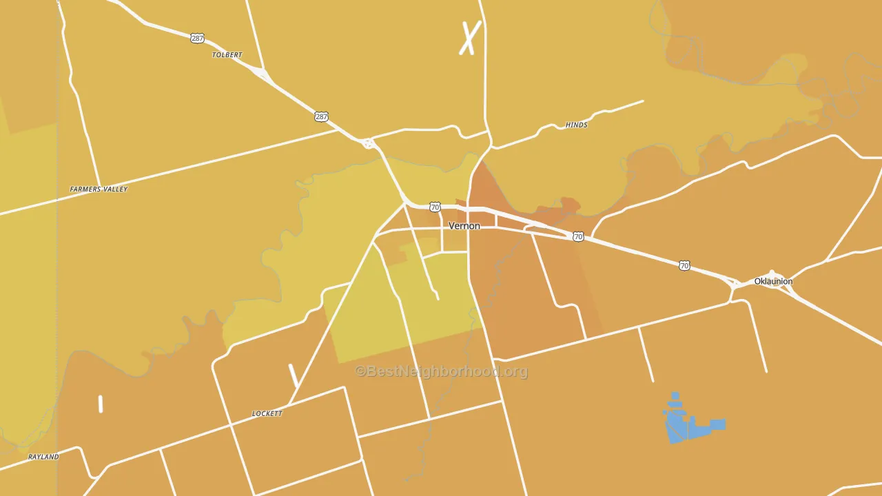 Map of the best neighborhoods in the Wilbarger County area, with better matches in green and worse matches in red