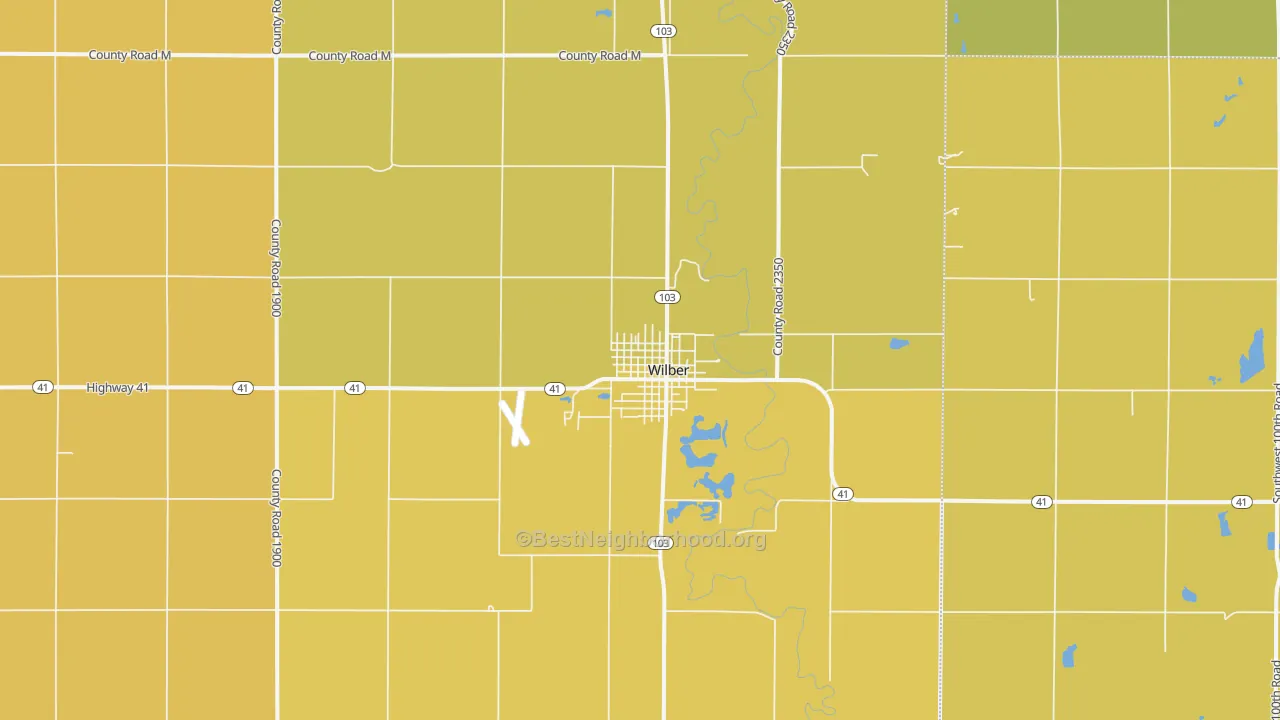 Map of the best neighborhoods in the Wilber area, with better matches in green and worse matches in red