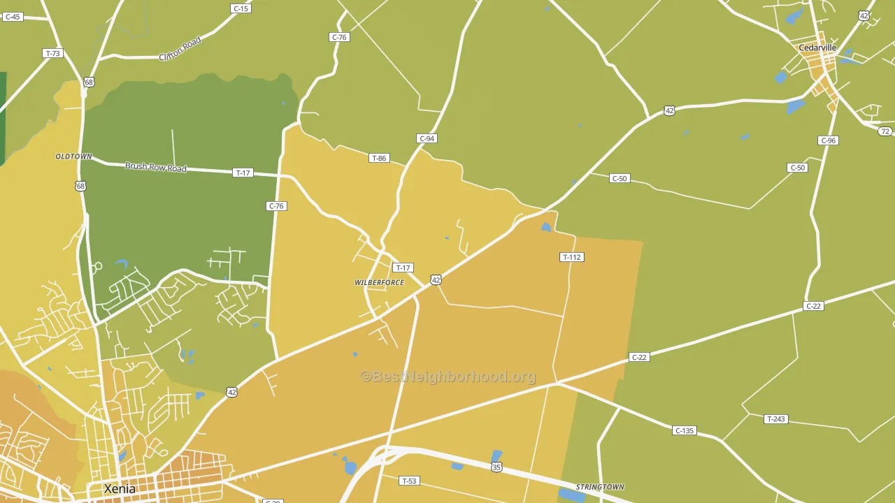 Map of the best neighborhoods in the Wilberforce area, with better matches in green and worse matches in red