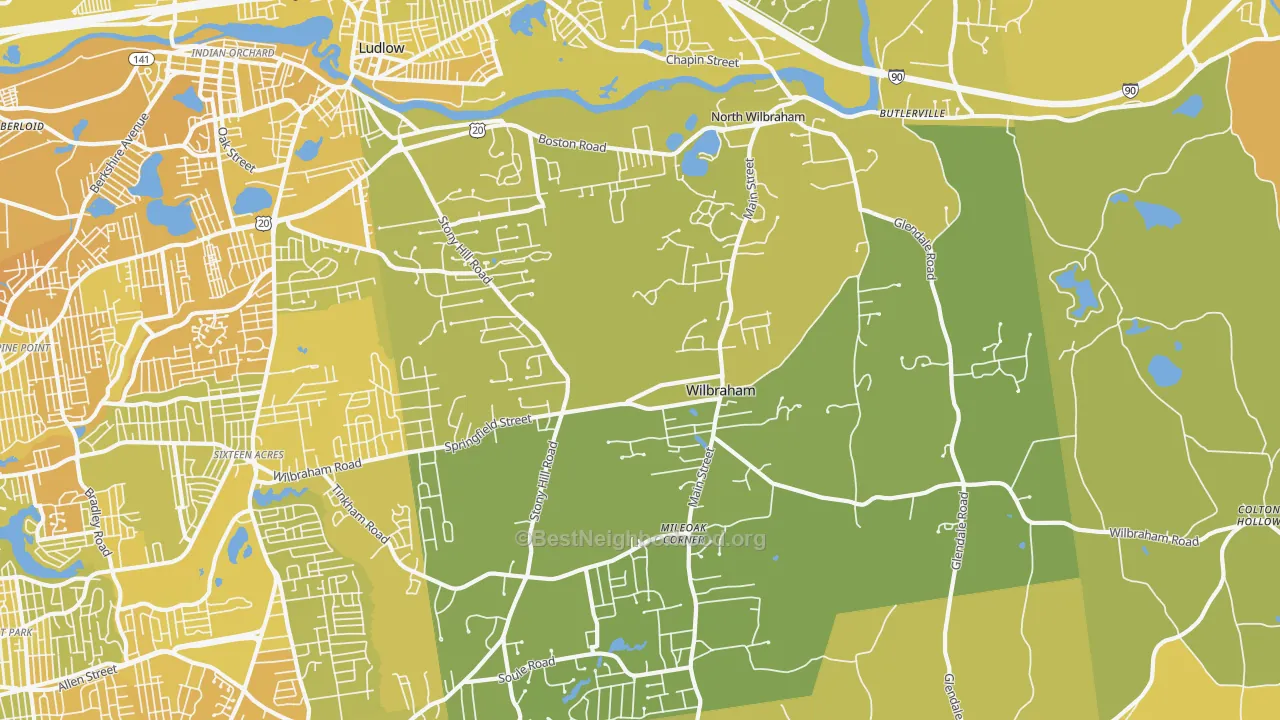 Map of the best neighborhoods in the Wilbraham area, with better matches in green and worse matches in red