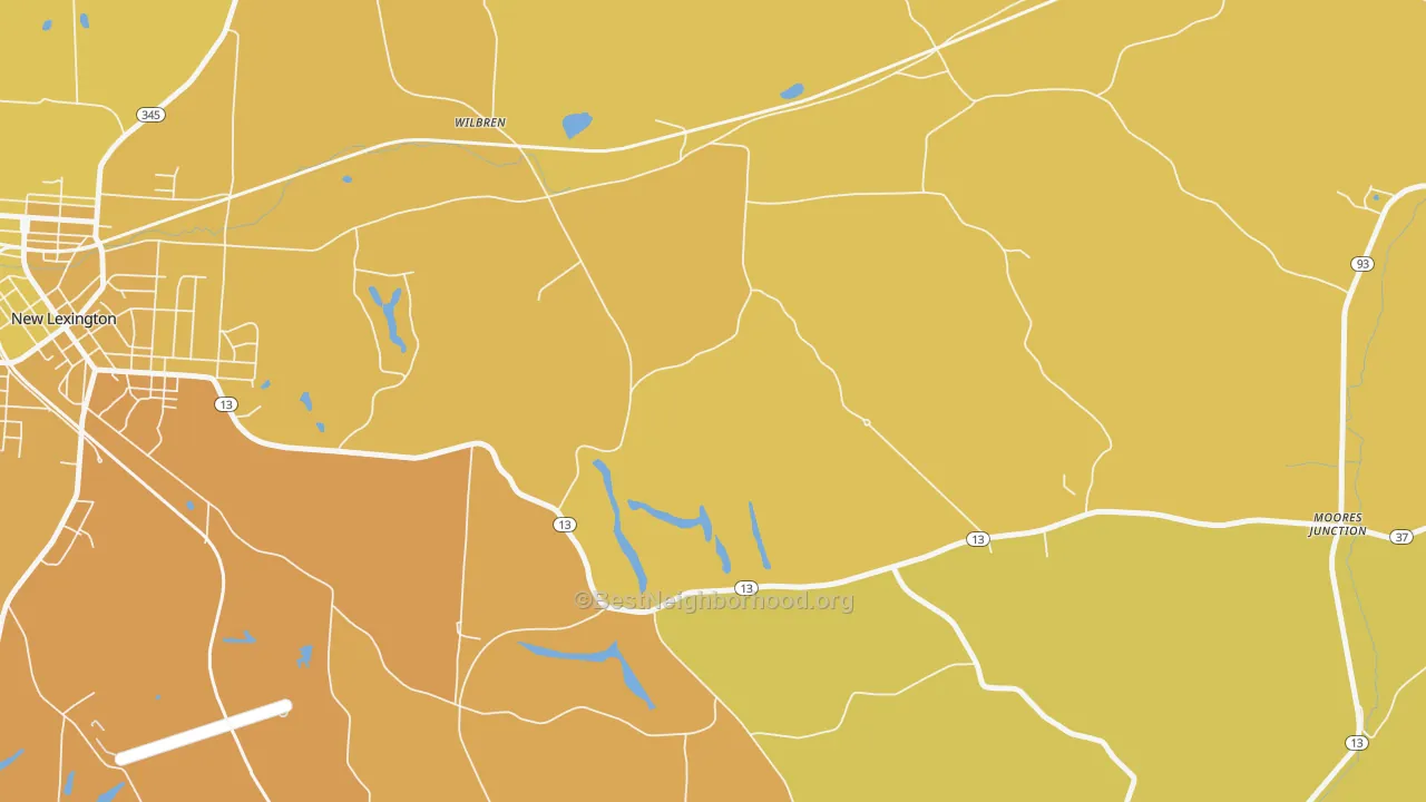 Map of the best neighborhoods in the Wilbren area, with better matches in green and worse matches in red