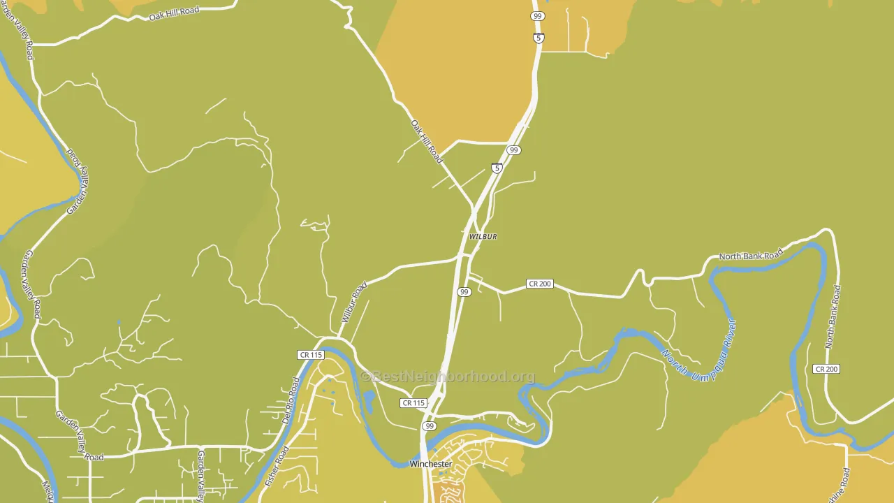 Map of the best neighborhoods in the Wilbur area, with better matches in green and worse matches in red