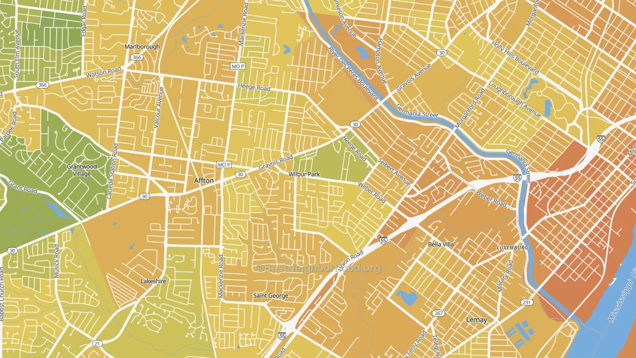 Map of the best neighborhoods in the Wilbur Park area, with better matches in green and worse matches in red