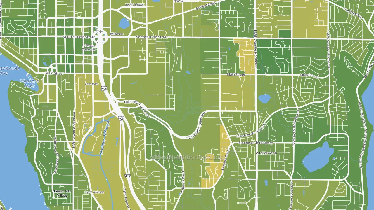 Map of the best neighborhoods in the Wilburton, Bellevue area, with better matches in green and worse matches in red