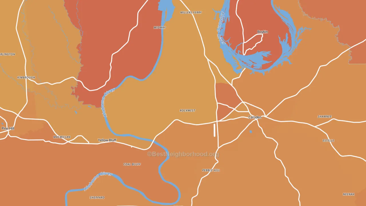 Map of the best neighborhoods in the Wilcox County area, with better matches in green and worse matches in red