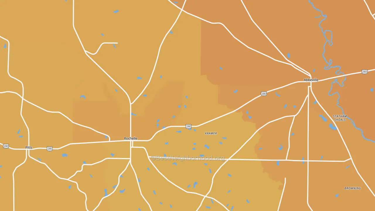 Map of the best neighborhoods in the Wilcox County area, with better matches in green and worse matches in red