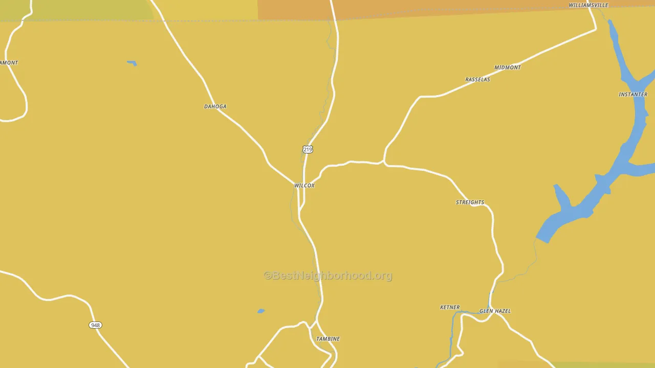 Map of the best neighborhoods in the Wilcox area, with better matches in green and worse matches in red