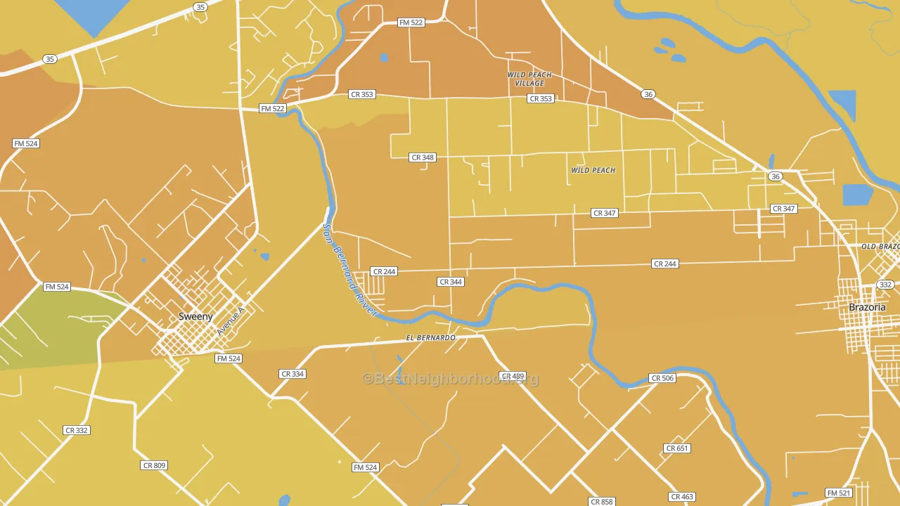 Map of the best neighborhoods in the Wild Peach Village area, with better matches in green and worse matches in red