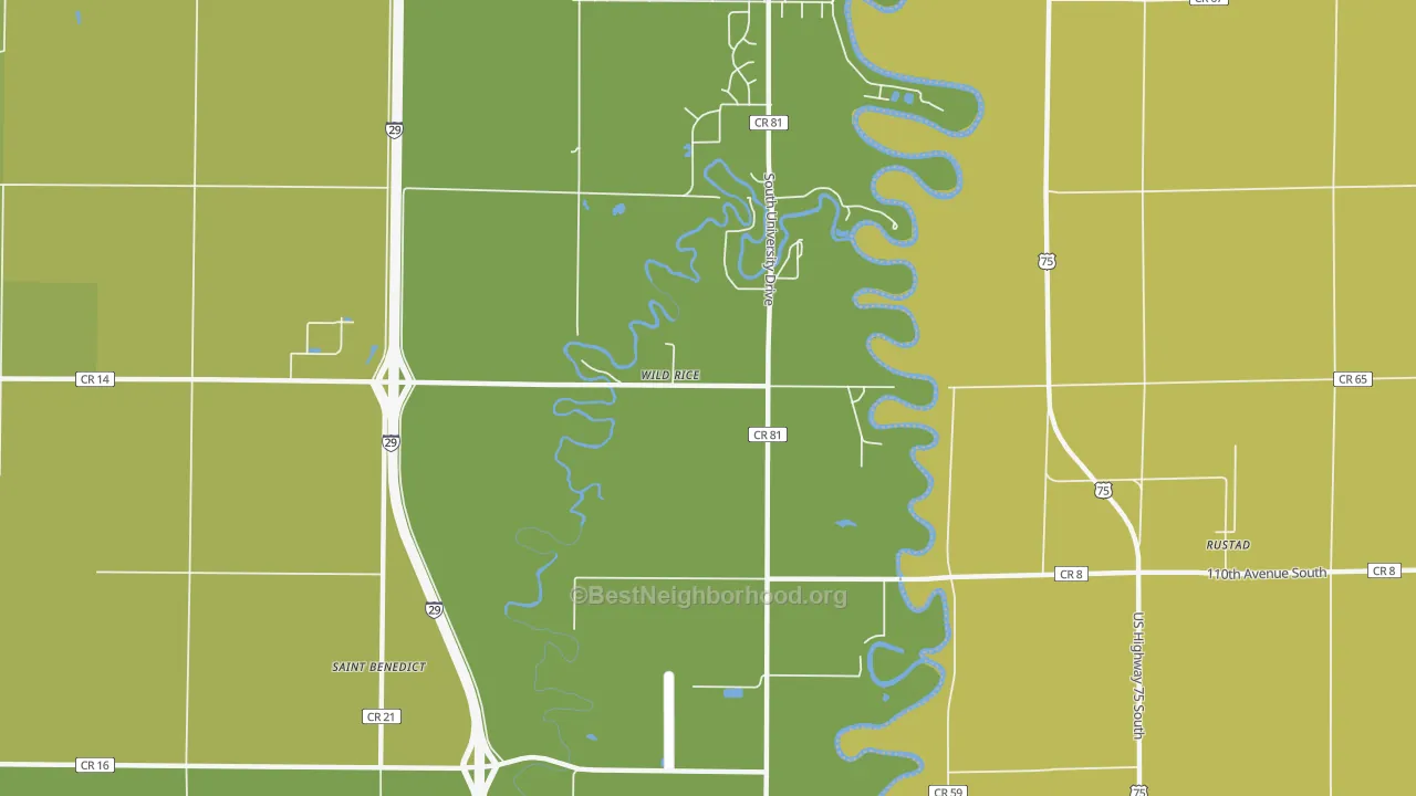 Map of the best neighborhoods in the Wild Rice area, with better matches in green and worse matches in red
