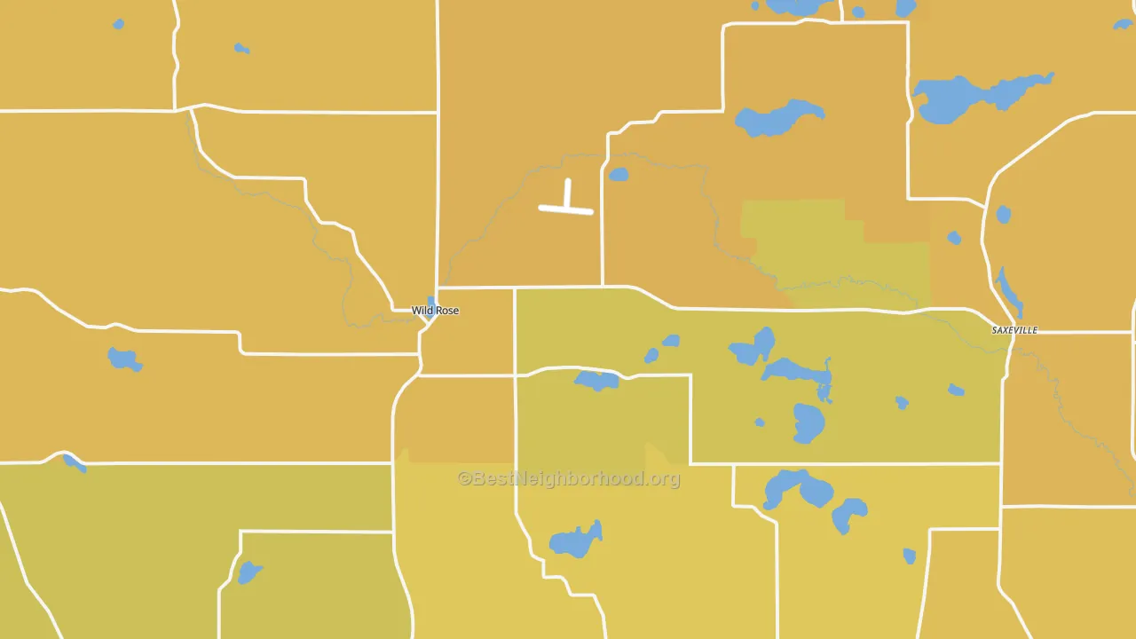 Map of the best neighborhoods in the Wild Rose area, with better matches in green and worse matches in red