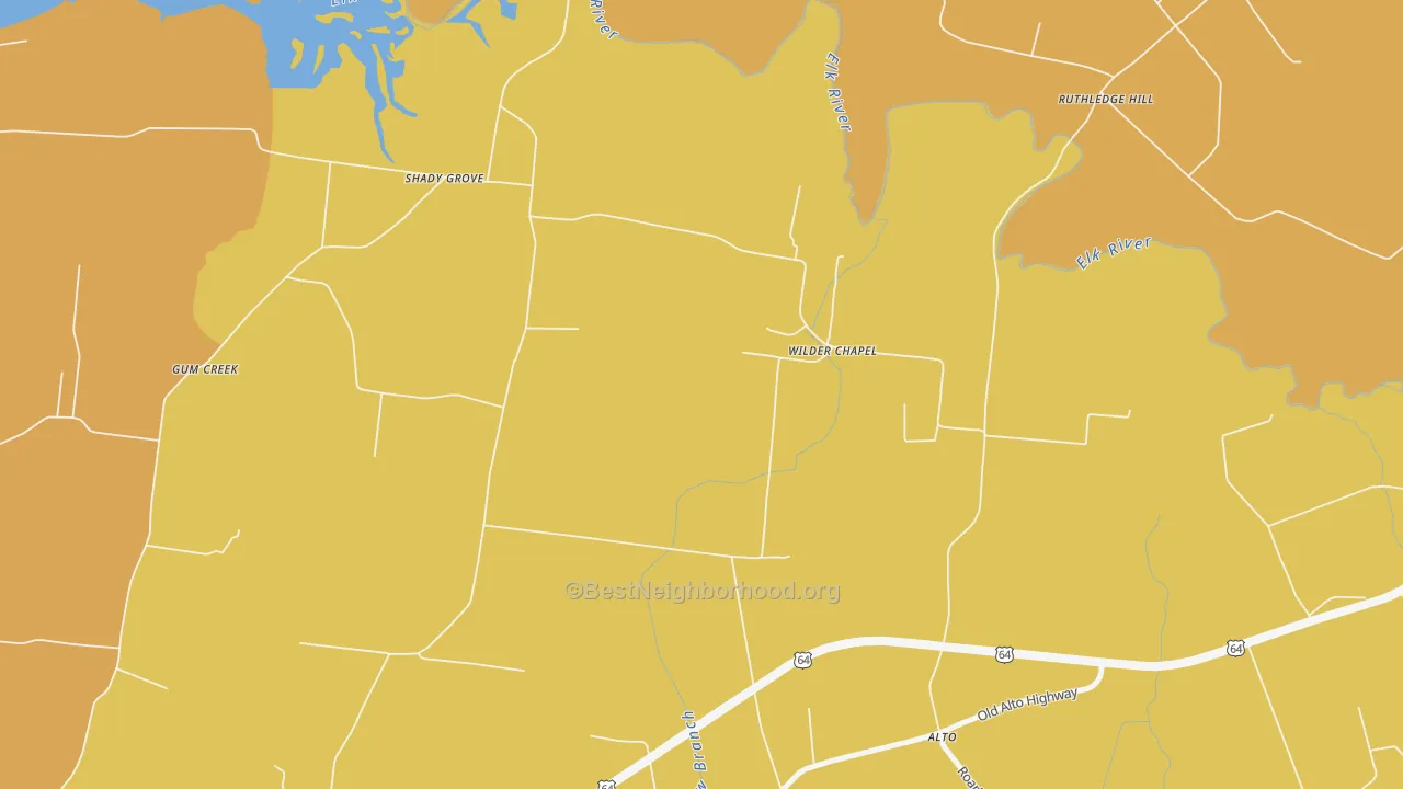Map of the best neighborhoods in the Wilder Chapel area, with better matches in green and worse matches in red